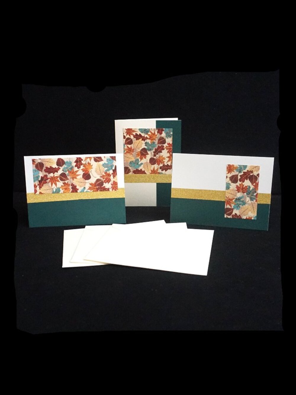 3 Fall Harvest Handmade Cards 4.25 x 5.5 Leaves Dark Green & Gold Glitter Tape